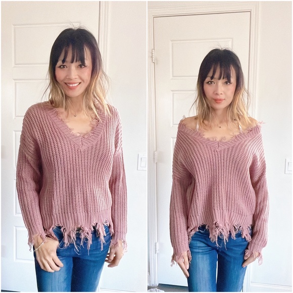 #41 Cozy V neck Distressed Frayed Oversized Sweater Top - Picture 8 of 9